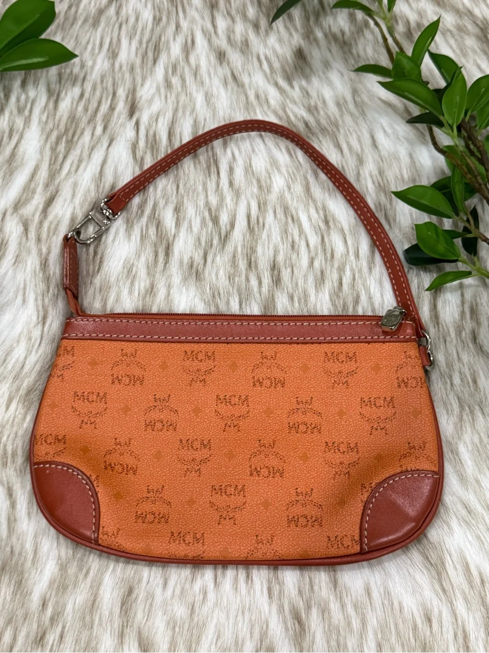 MCM Visetos Mini Pochette Cognac and Brown Monogram Wristlet Clutch